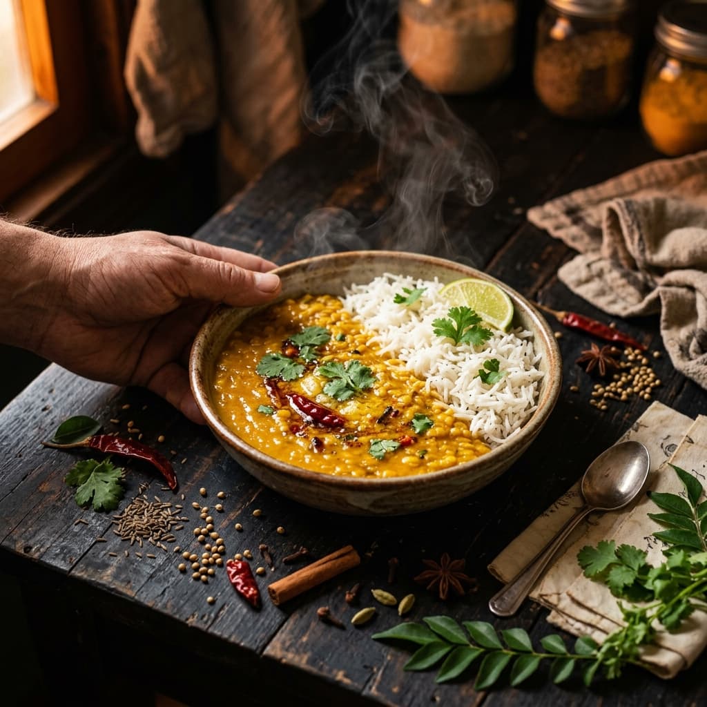A steaming bowl of home-cooked dal and rice