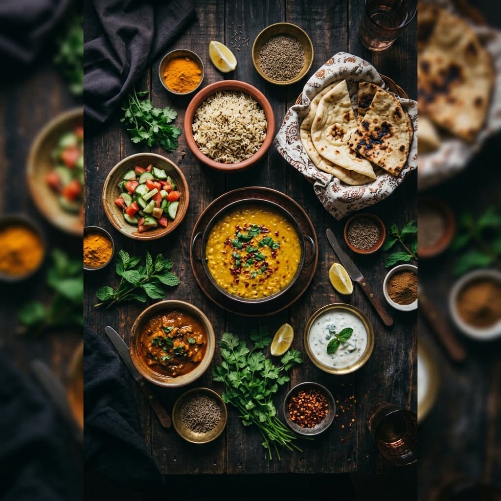 Beautiful Indian and Mediterranean dishes spread on a wooden table
